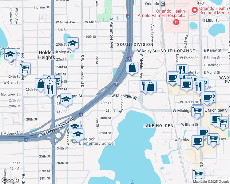 map of restaurants, bars, coffee shops, grocery stores, and more near 653 West Michigan Street in Orlando