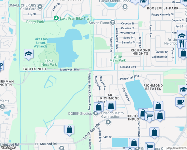 map of restaurants, bars, coffee shops, grocery stores, and more near 4799 Vargas Street in Orlando