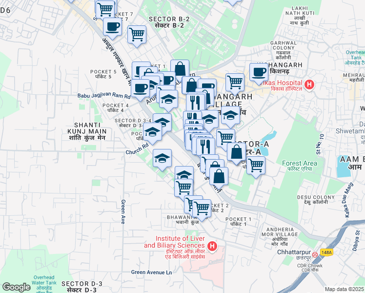 map of restaurants, bars, coffee shops, grocery stores, and more near Vasant Kunj Marg in New Delhi