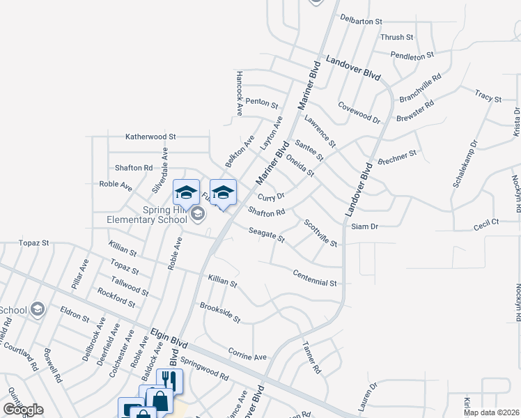 map of restaurants, bars, coffee shops, grocery stores, and more near 12449 Shafton Road in Spring Hill