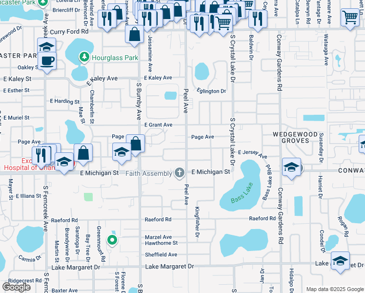 map of restaurants, bars, coffee shops, grocery stores, and more near 2428 Peel Avenue in Orlando