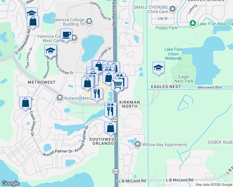 map of restaurants, bars, coffee shops, grocery stores, and more near 2573 South Kirkman Road in Orlando