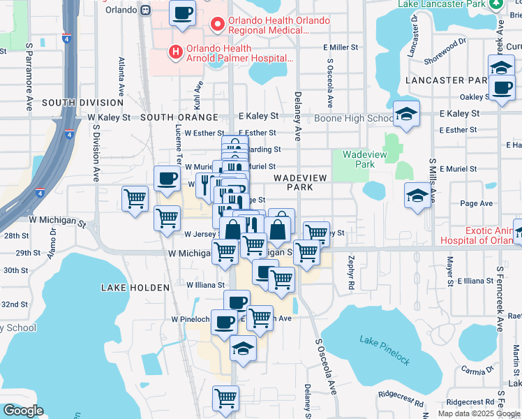 map of restaurants, bars, coffee shops, grocery stores, and more near 131 East Crystal Lake Street in Orlando