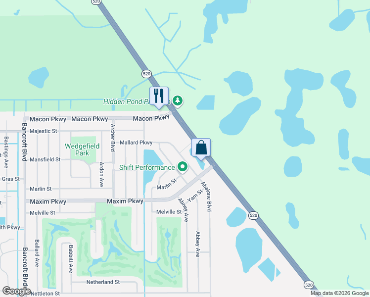 map of restaurants, bars, coffee shops, grocery stores, and more near 20700 Florida 520 in Orlando