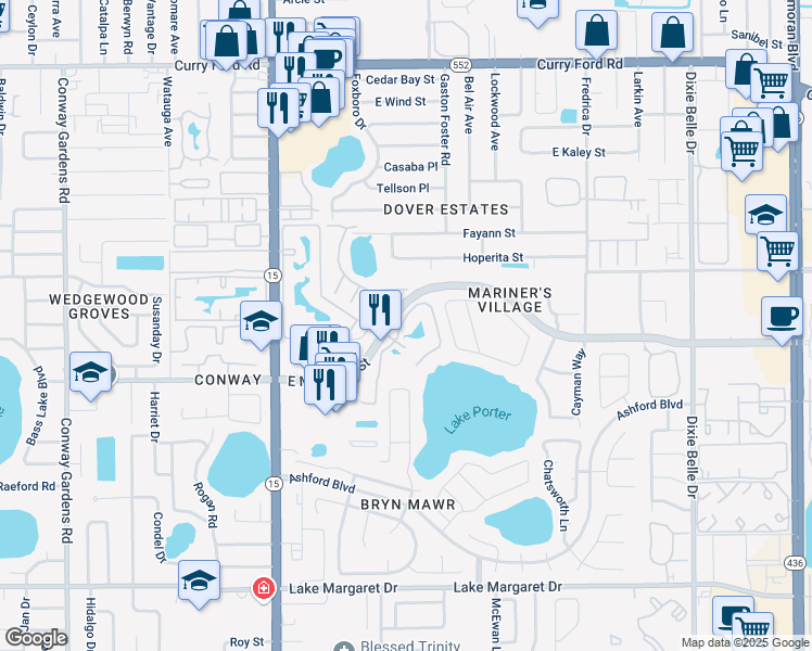 map of restaurants, bars, coffee shops, grocery stores, and more near 4916 East Michigan Street in Orlando