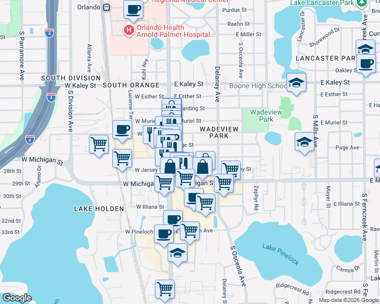 map of restaurants, bars, coffee shops, grocery stores, and more near 131 East Crystal Lake Street in Orlando
