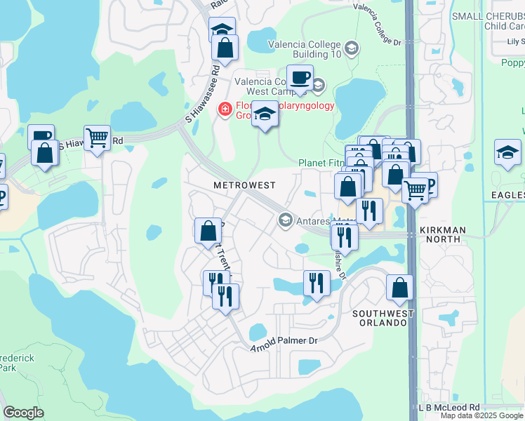 map of restaurants, bars, coffee shops, grocery stores, and more near 6402 Cava Alta Drive in Orlando