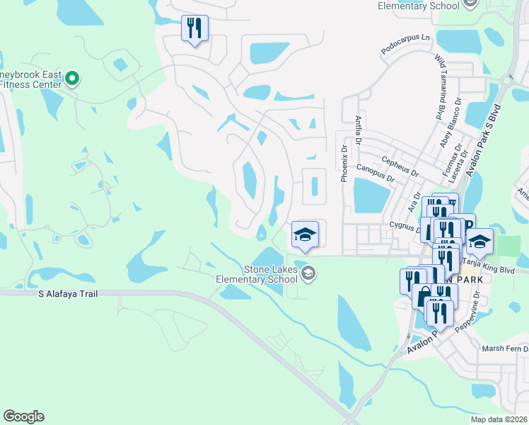 map of restaurants, bars, coffee shops, grocery stores, and more near 2581 Corbyton Court in Orlando