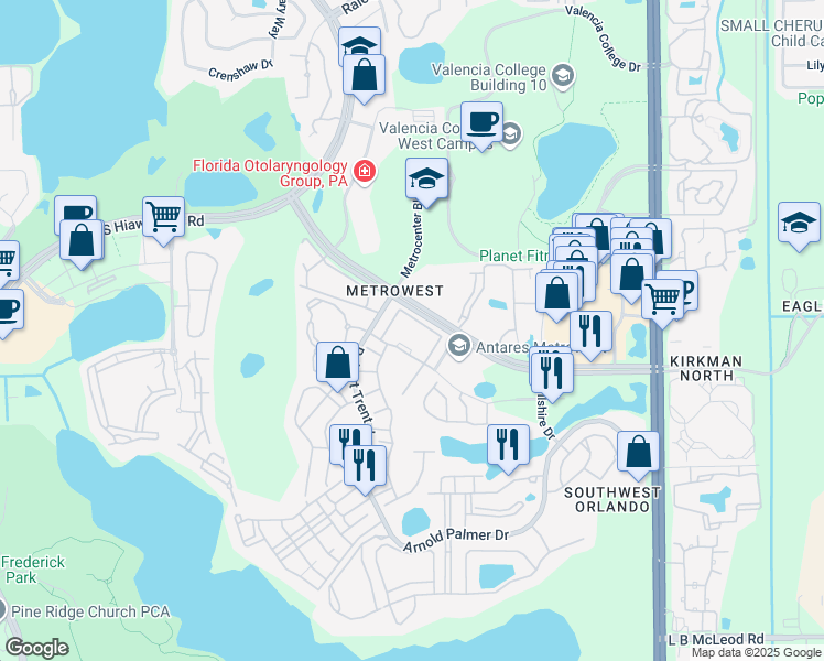 map of restaurants, bars, coffee shops, grocery stores, and more near 6434 Cava Alta Drive in Orlando