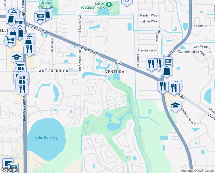 map of restaurants, bars, coffee shops, grocery stores, and more near 6251 Gardenview Court in Orlando