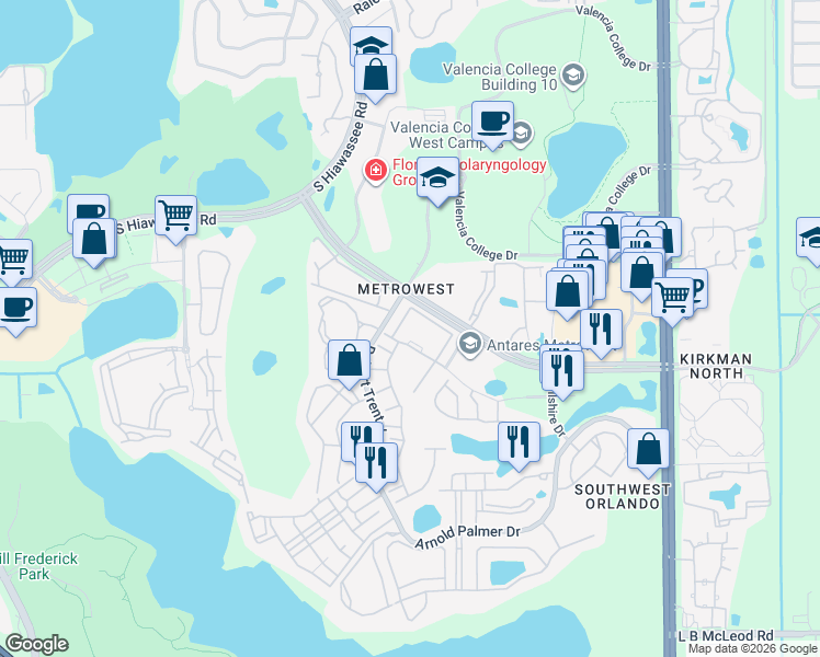 map of restaurants, bars, coffee shops, grocery stores, and more near 6466 Cava Alta Drive in Orlando