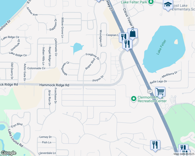 map of restaurants, bars, coffee shops, grocery stores, and more near 13305 Pinyon Drive in Clermont