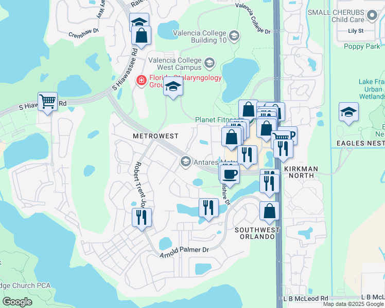 map of restaurants, bars, coffee shops, grocery stores, and more near 6159 Metrowest Boulevard in Orlando