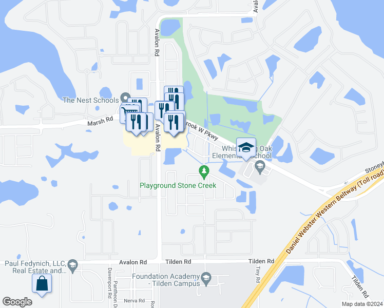 map of restaurants, bars, coffee shops, grocery stores, and more near 15306 Black Lion Way in Winter Garden