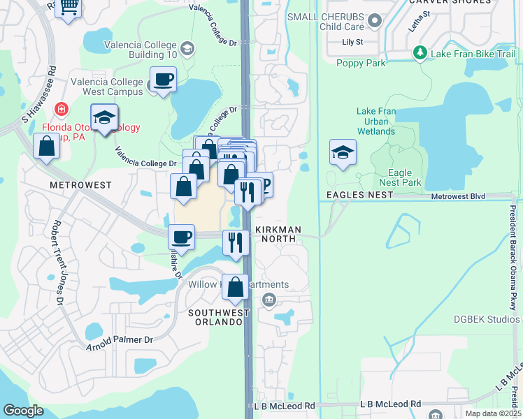map of restaurants, bars, coffee shops, grocery stores, and more near 2573 South Kirkman Road in Orlando