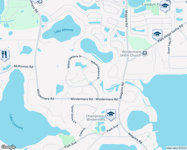 map of restaurants, bars, coffee shops, grocery stores, and more near 11312 Winston Willow Court in Windermere
