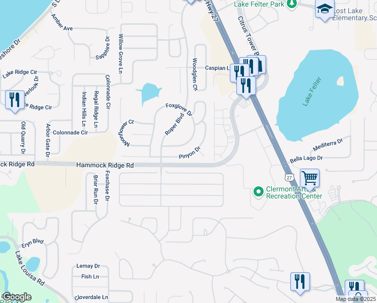 map of restaurants, bars, coffee shops, grocery stores, and more near 13305 Pinyon Drive in Clermont