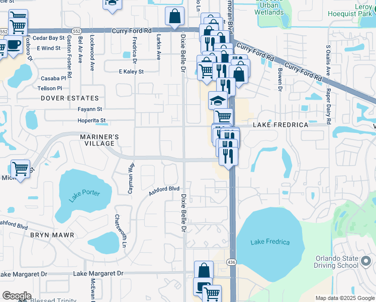map of restaurants, bars, coffee shops, grocery stores, and more near 5501 East Michigan Street in Orlando