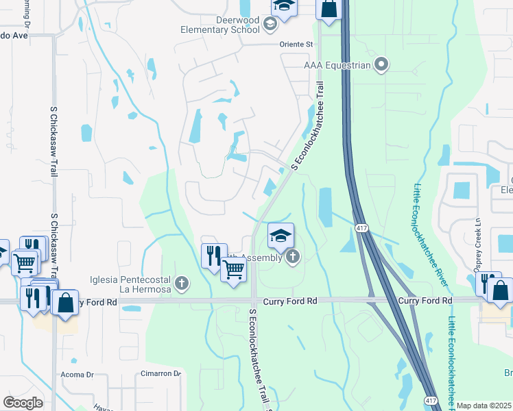 map of restaurants, bars, coffee shops, grocery stores, and more near 9301 Whispering Meadows Lane in Orlando