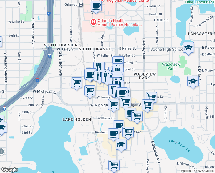 map of restaurants, bars, coffee shops, grocery stores, and more near 25 West Crystal Lake Street in Orlando