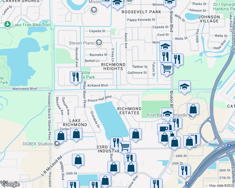 map of restaurants, bars, coffee shops, grocery stores, and more near 4385 Prince Hall Boulevard in Orlando