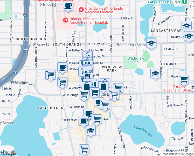 map of restaurants, bars, coffee shops, grocery stores, and more near 131 East Crystal Lake Street in Orlando