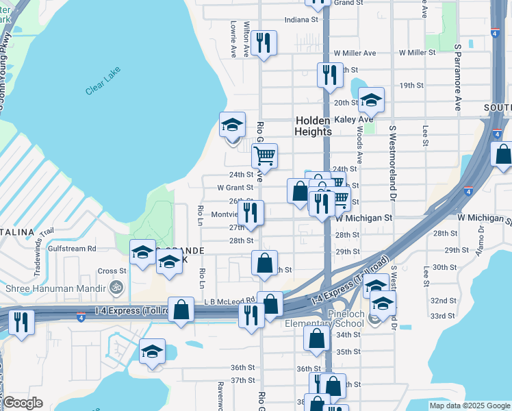 map of restaurants, bars, coffee shops, grocery stores, and more near 1609 Montview Street in Orlando