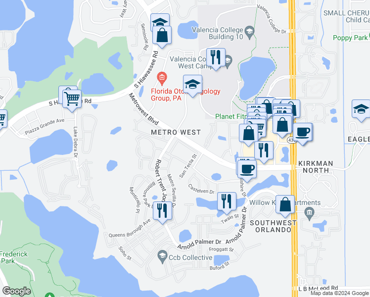 map of restaurants, bars, coffee shops, grocery stores, and more near 6402 Cava Alta Drive in Orlando