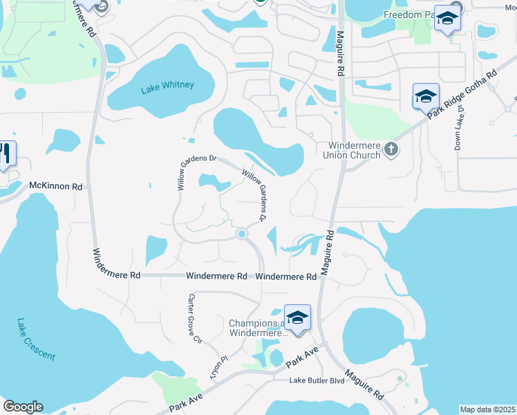 map of restaurants, bars, coffee shops, grocery stores, and more near 11312 Winston Willow Court in Windermere
