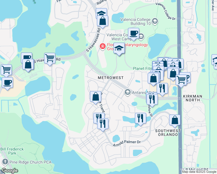 map of restaurants, bars, coffee shops, grocery stores, and more near 6466 Cava Alta Drive in Orlando
