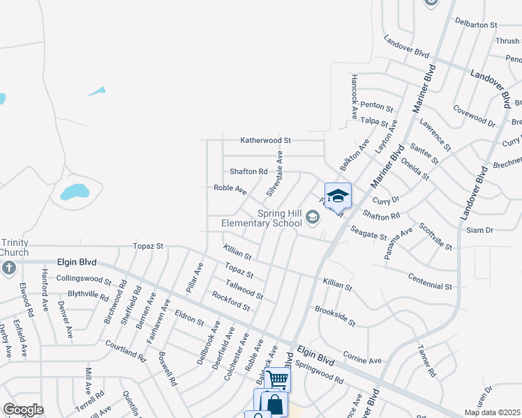 map of restaurants, bars, coffee shops, grocery stores, and more near 6077 Roble Avenue in Spring Hill