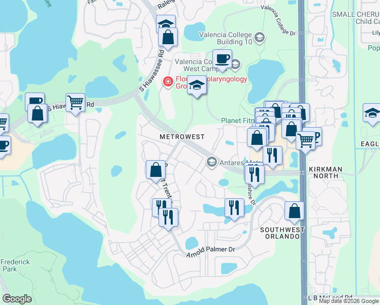 map of restaurants, bars, coffee shops, grocery stores, and more near 6402 Cava Alta Drive in Orlando