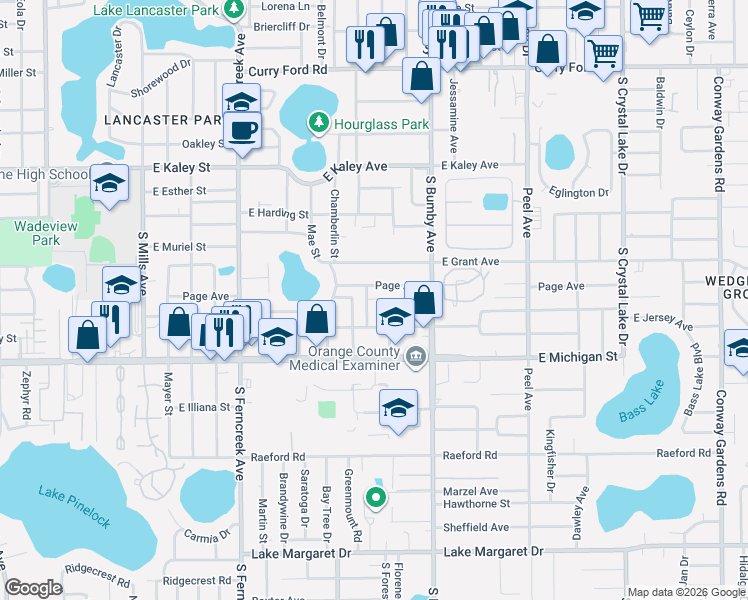 map of restaurants, bars, coffee shops, grocery stores, and more near 2425 Newberry Street in Orlando