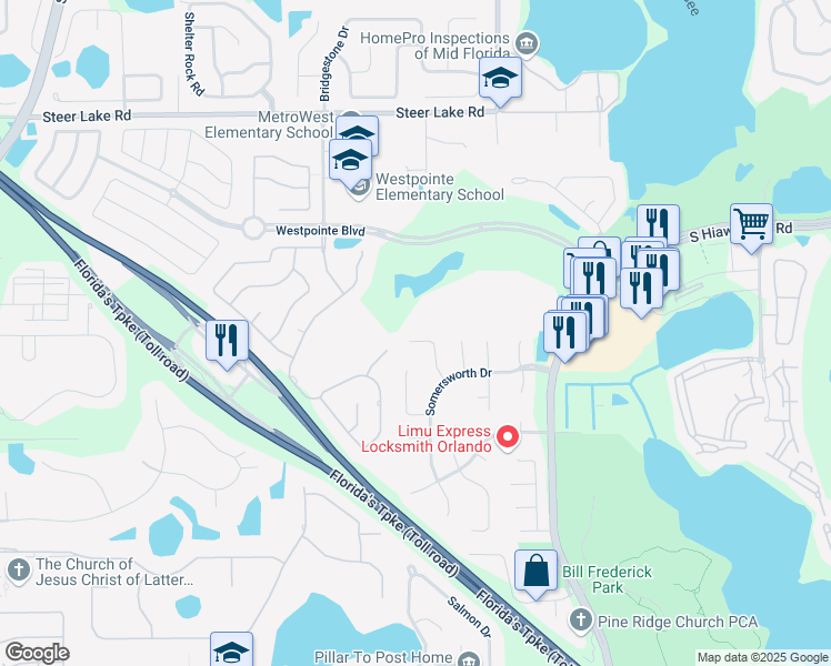 map of restaurants, bars, coffee shops, grocery stores, and more near 2607 Rangeley Court in Orlando