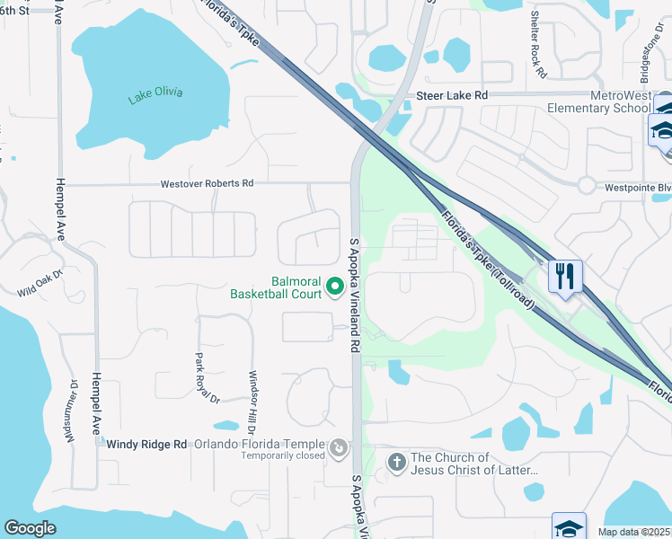 map of restaurants, bars, coffee shops, grocery stores, and more near 1901 Westover Reserve Boulevard in Windermere