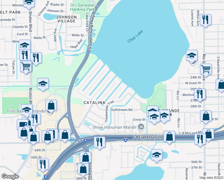 map of restaurants, bars, coffee shops, grocery stores, and more near 2512 Sea Breeze Court in Orlando