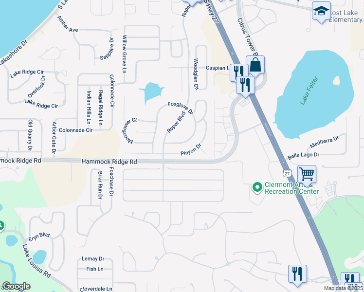 map of restaurants, bars, coffee shops, grocery stores, and more near 11829 Foxglove Drive in Clermont