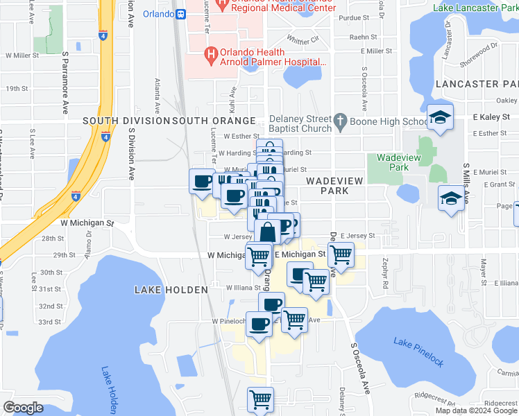 map of restaurants, bars, coffee shops, grocery stores, and more near 2394 South Orange Avenue in Orlando