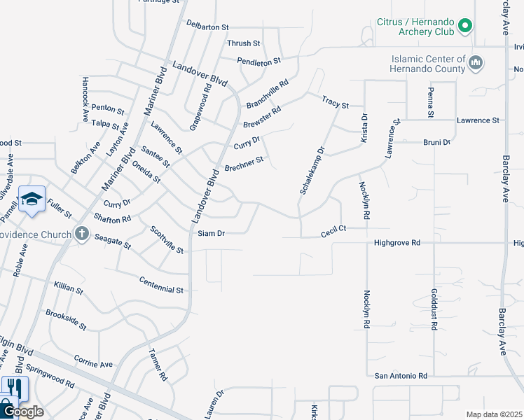 map of restaurants, bars, coffee shops, grocery stores, and more near 13272 Lawrence Street in Spring Hill
