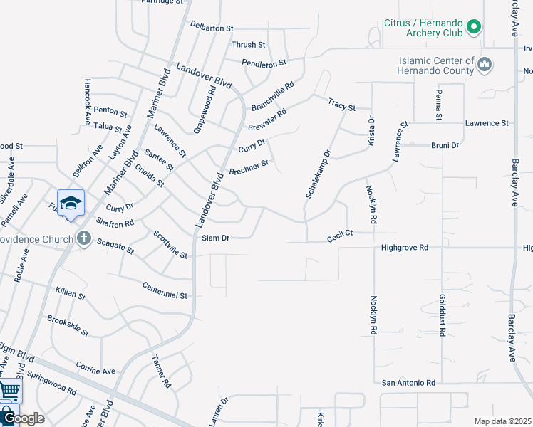 map of restaurants, bars, coffee shops, grocery stores, and more near 13272 Lawrence Street in Spring Hill