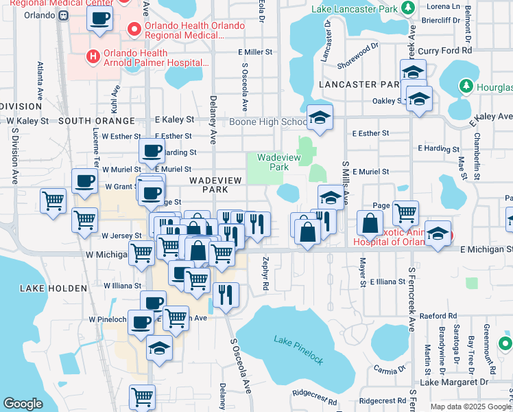 map of restaurants, bars, coffee shops, grocery stores, and more near 519 East Crystal Lake Street in Orlando