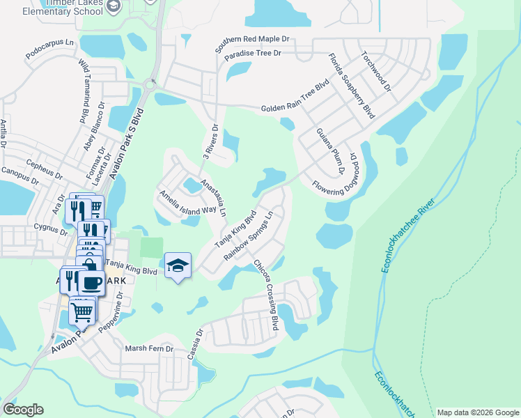 map of restaurants, bars, coffee shops, grocery stores, and more near 14262 Tanja King Boulevard in Orlando