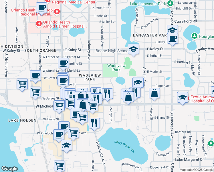 map of restaurants, bars, coffee shops, grocery stores, and more near 519 East Crystal Lake Street in Orlando