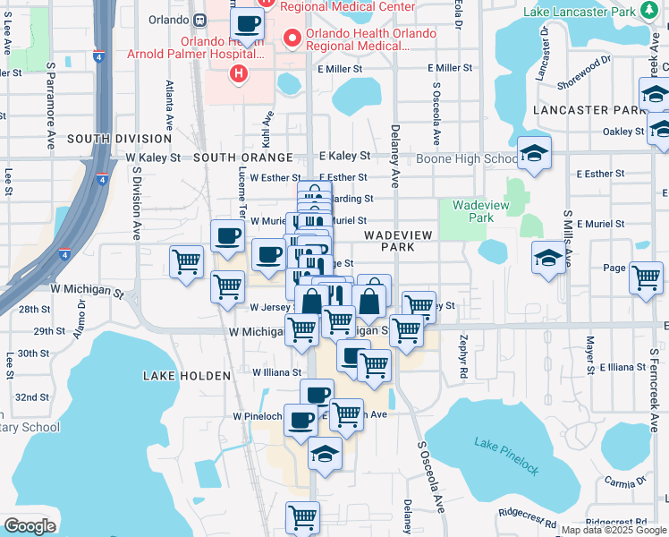 map of restaurants, bars, coffee shops, grocery stores, and more near 131 East Crystal Lake Street in Orlando