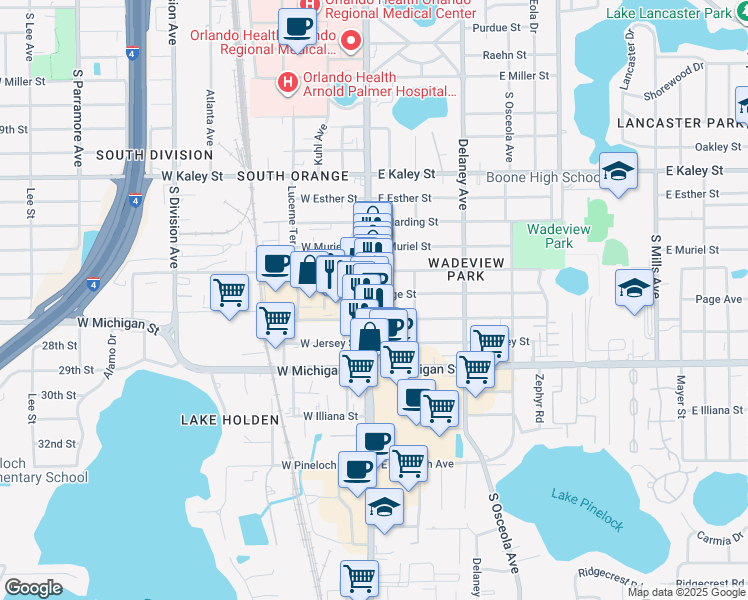 map of restaurants, bars, coffee shops, grocery stores, and more near 2401 South Orange Avenue in Orlando