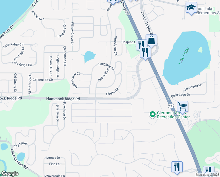 map of restaurants, bars, coffee shops, grocery stores, and more near 11821 Foxglove Drive in Clermont