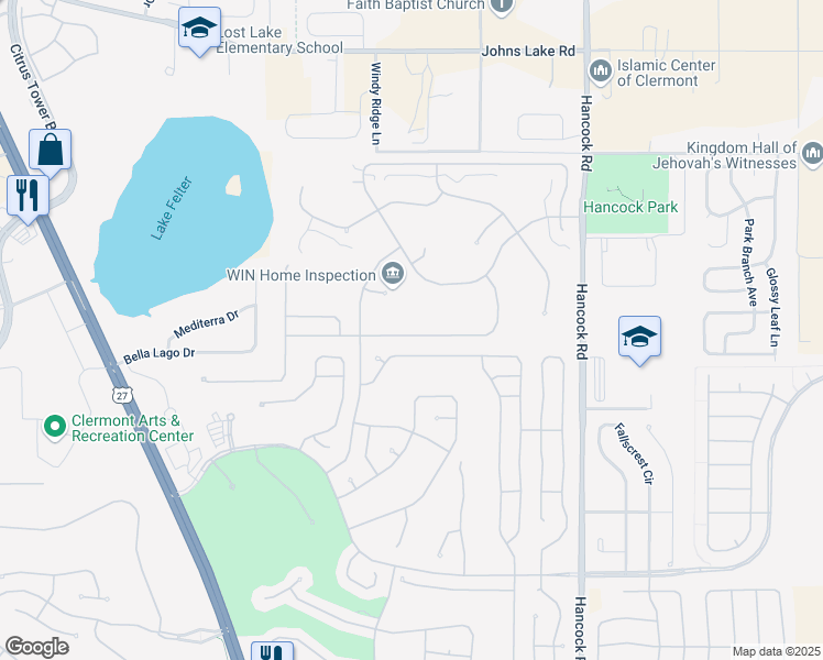 map of restaurants, bars, coffee shops, grocery stores, and more near 3527 Westerham Drive in Clermont