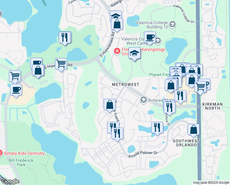 map of restaurants, bars, coffee shops, grocery stores, and more near 2632 Robert Trent Jones Drive in Orlando