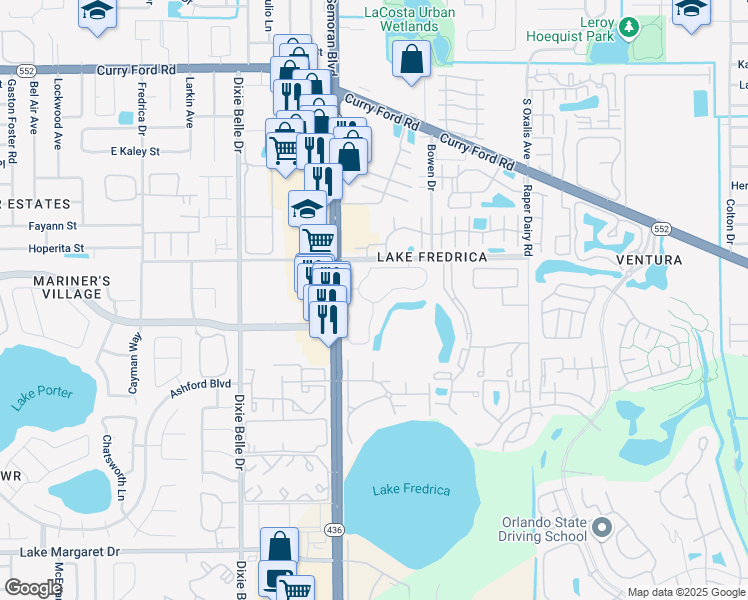 map of restaurants, bars, coffee shops, grocery stores, and more near 2575 South Semoran Boulevard in Orlando