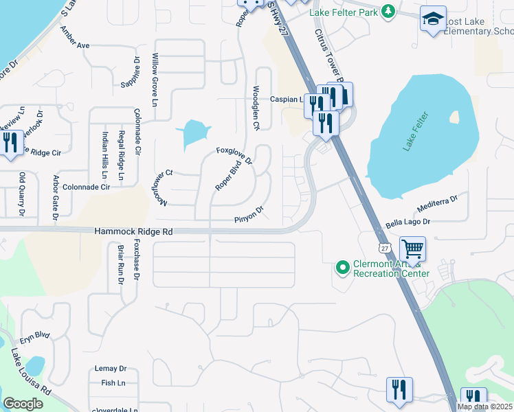 map of restaurants, bars, coffee shops, grocery stores, and more near 13315 Pinyon Drive in Clermont